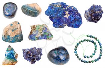 set of various azurite natural mineral gem stones and samples of rock isolated on white background