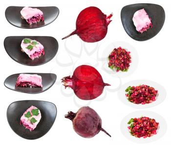 set of russian salads (Russian vinaigrette and Dressed Herring) with beet root isolated on white background