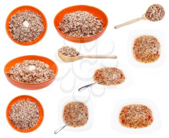 collection of buckwheat dishes isolated on white background