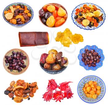 set of various sweet dried fruits isolated on white background