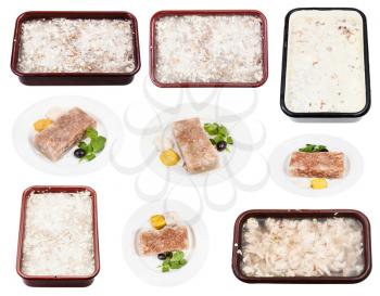 set of cooked russian cold jellied meat isolated on white background