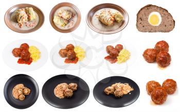 set of various cooked meatballs isolated on white background