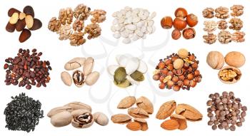 collection of various nuts (walnut, pumpkin, pine, hazelnut, almond, sunflower, etc ) isolated on white background
