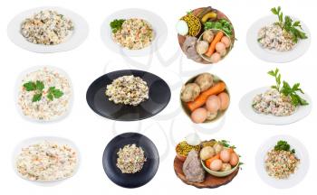collection of Russian Olivier salads and its ingredients isolated on white background