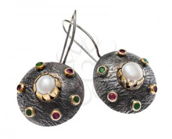 traditional antique byzantine earrings with gems and white pearl isolated on white background