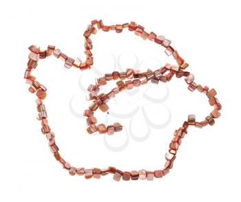 top view of coiled string of beads from natural pink pieces of mother-of-pearl isolated on white background