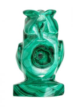 ornamental texture of natural malachite rock in typical polished figurine of owl isolated on white background