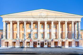 front view of Moscow City Duma palace (Russian regional parliament in Moscow) on Strastnoy boulevard in winter morning.