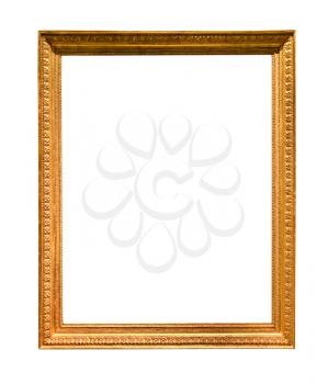 vertical narrow retro wooden painting frame with cutout canvas isolated on white background
