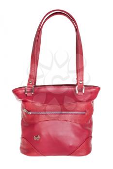 closed handmade red leather handbag isolated on white background
