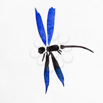dragonfly with blue wings hand-drawn by watercolors on white embossed paper in sumi-e (suibokuga) style