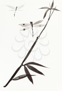 dragonflies and branch of reed hand-drawn by black watercolor on creamy-white paper in sumi-e (suibokuga) style