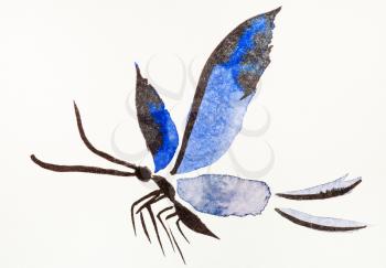 butterfly with blue wings hand-drawn by watercolors on creamy-white paper in sumi-e (suibokuga) style