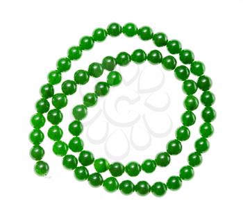 top view of spiral string of round beads from natural green nephrite gemstones isolated on white background