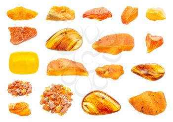 set of various polished Amber gemstonse isolated on white background