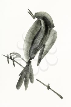 training drawing in sumi-e (suibokuga) style with watercolor paints - bird on twig is hand drawn on creamy paper