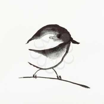 training drawing in sumi-e (suibokuga) style with watercolor paints - sparrow bird on twig is hand drawn on creamy paper