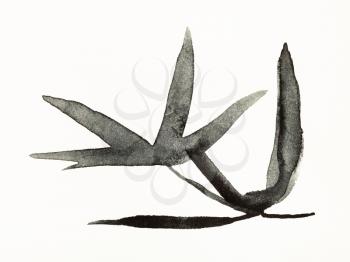 training drawing in sumi-e (suibokuga) style with watercolor paints - bamboo twig is hand drawn on creamy paper