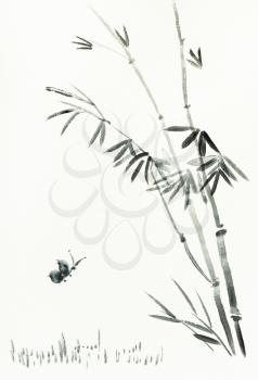 training drawing in sumi-e (suibokuga) style with watercolor paints - butterfly near bamboo bush is hand drawn on creamy paper