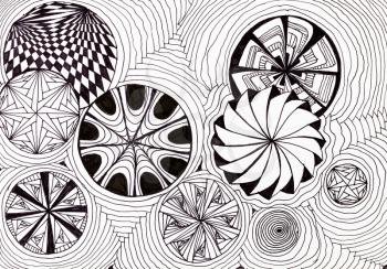 abstract hand drawn pattern on white paper by felt pen - black and white ornament from circles and waves