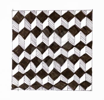 abstract hand drawn pattern on white paper by felt pen - black and white chequered ornament from cubes