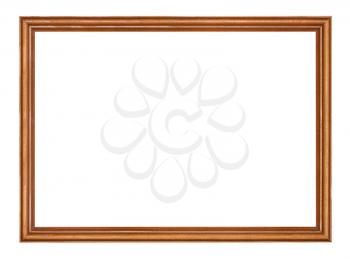 empty narrow brown lacquered wooden picture frame with cut out canvas isolated on white background