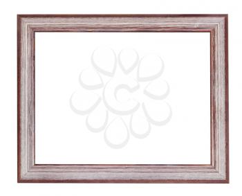 empty brown and silver painted wooden picture frame with cut out canvas isolated on white background