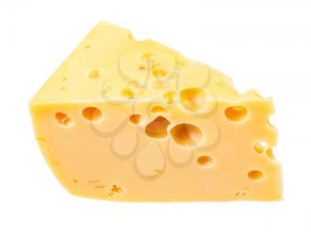 hunk of yellow semi-hard cow's milk swiss cheese with internal holes isolated on white background
