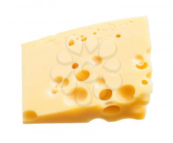triangular hunk of yellow medium-hard cow's milk swiss cheese with internal holes isolated on white background
