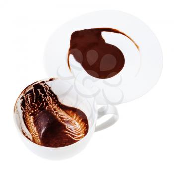 divination on carob drink sediments - white porcelain cup and saucer with carob grounds isolated on white background