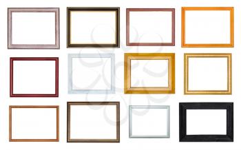 collection of various empty wooden picture frames with cut out canvas isolated on white background