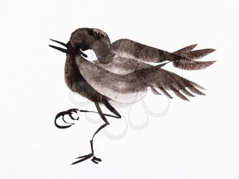 training drawing in sumi-e (suibokuga) style - little bird handpainted by black watercolors on white paper