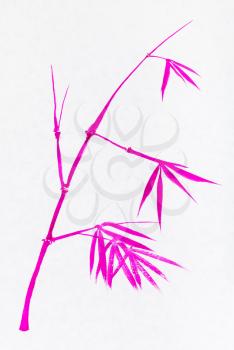 training drawing in sumi-e (suibokuga) style - twig of bamboo handpainted by pink watercolors on white paper