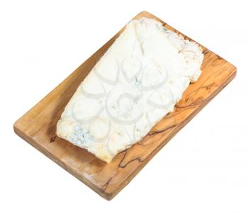 local italian Gorgonzola soft blue cheese on olive wood cutting board isolated on white background