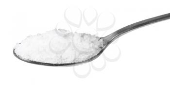 steel teaspoon with coarse grained Sea Salt close up isolated on white background