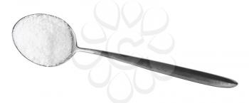 top view of tablespoon with grained Rock Salt isolated on white background