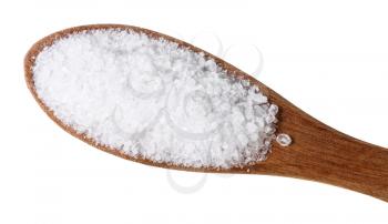 top view of wooden salt spoon with grained Rock Salt close up isolated on white background