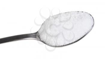 top view of steel teaspoon with fine ground Sea Salt close up isolated on white background