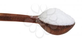 side view of wooden salt spoon with fine ground Sea Salt close up isolated on white backgroun