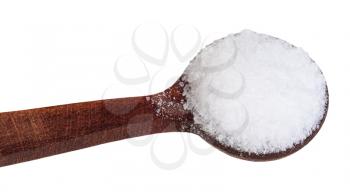 wooden salt spoon with fine ground Sea Salt close up isolated on white backgroun