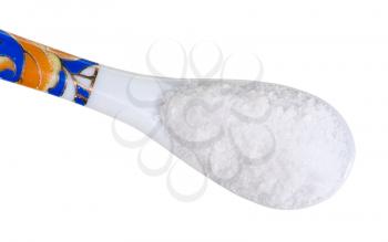 top view of chinese spoon with fine ground Sea Salt close up isolated on white background