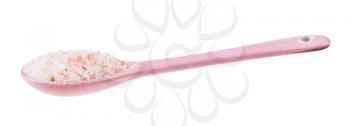 side view of ceramic spoon with pink Himalayan Salt isolated on white background