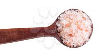 top view of wooden salt spoon with pink Himalayan Salt close up isolated on white background