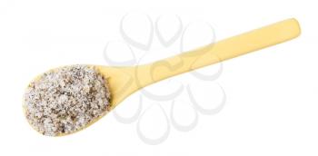 top view of ceramic spoon with seasoned salt with spices and dried herbs isolated on white background