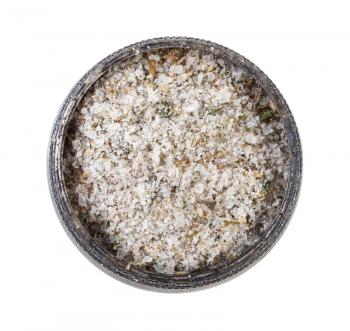 top view of old silver salt cellar with seasoned salt with spices and dried herbs isolated on white background
