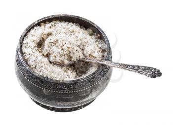 old silver salt cellar with spoon with seasoned salt with spices and dried herbs isolated on white background