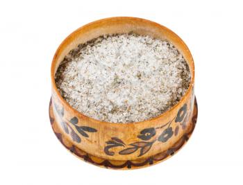 wooden salt cellar with seasoned salt with spices and dried herbs isolated on white background