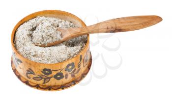 wooden salt cellar with spoon with seasoned salt with spices and dried herbs isolated on white background