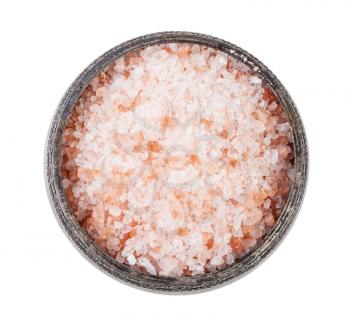 top view of old silver salt cellar with pink Himalayan Salt isolated on white background