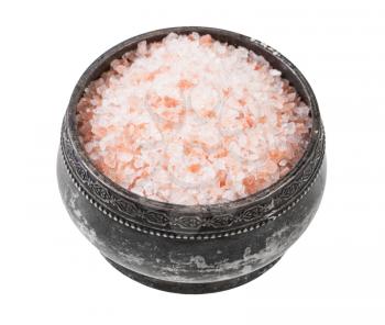 old silver salt cellar with pink Himalayan Salt isolated on white background